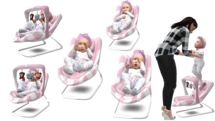 a woman standing next to a baby in a pink and white reclining chair with pictures on it