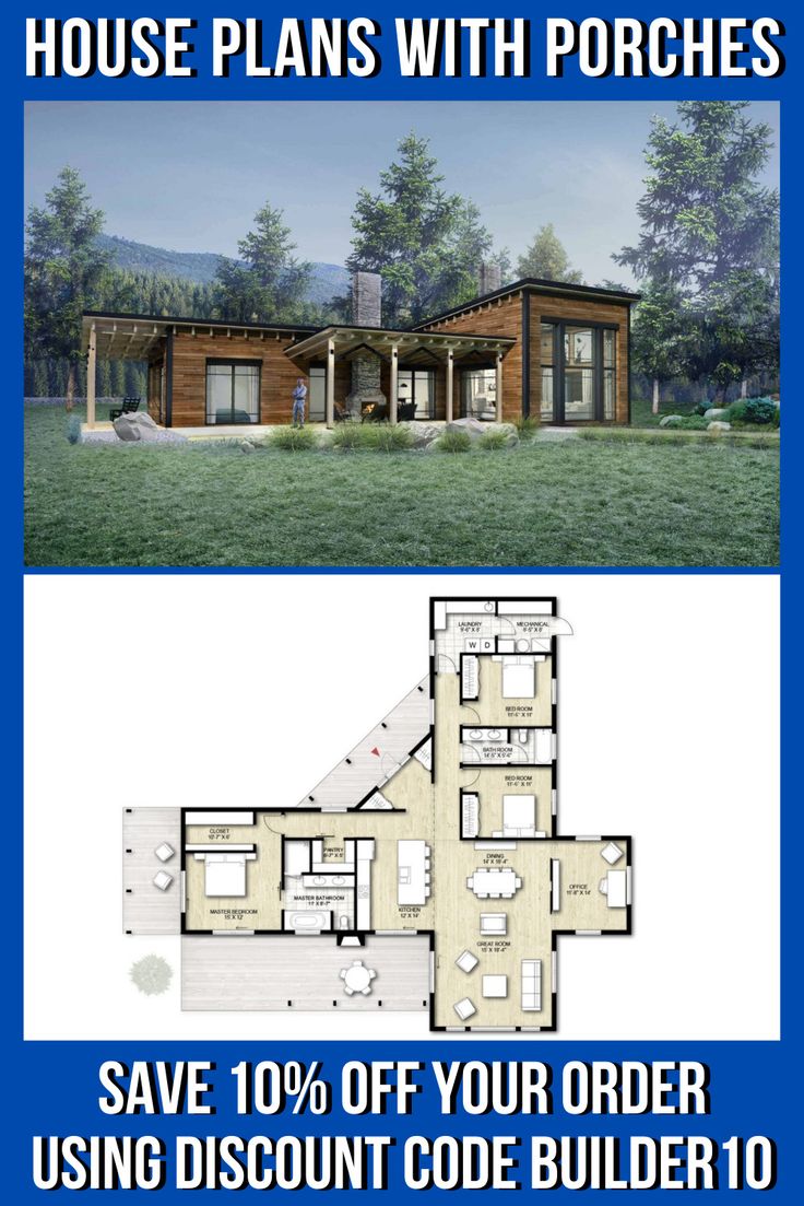 two story house plans with the words contemporary house plan save 10 % off your order using discount code builder 10