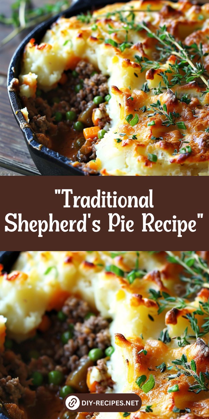 traditional shepherd's pie recipe in a cast iron skillet with text overlay