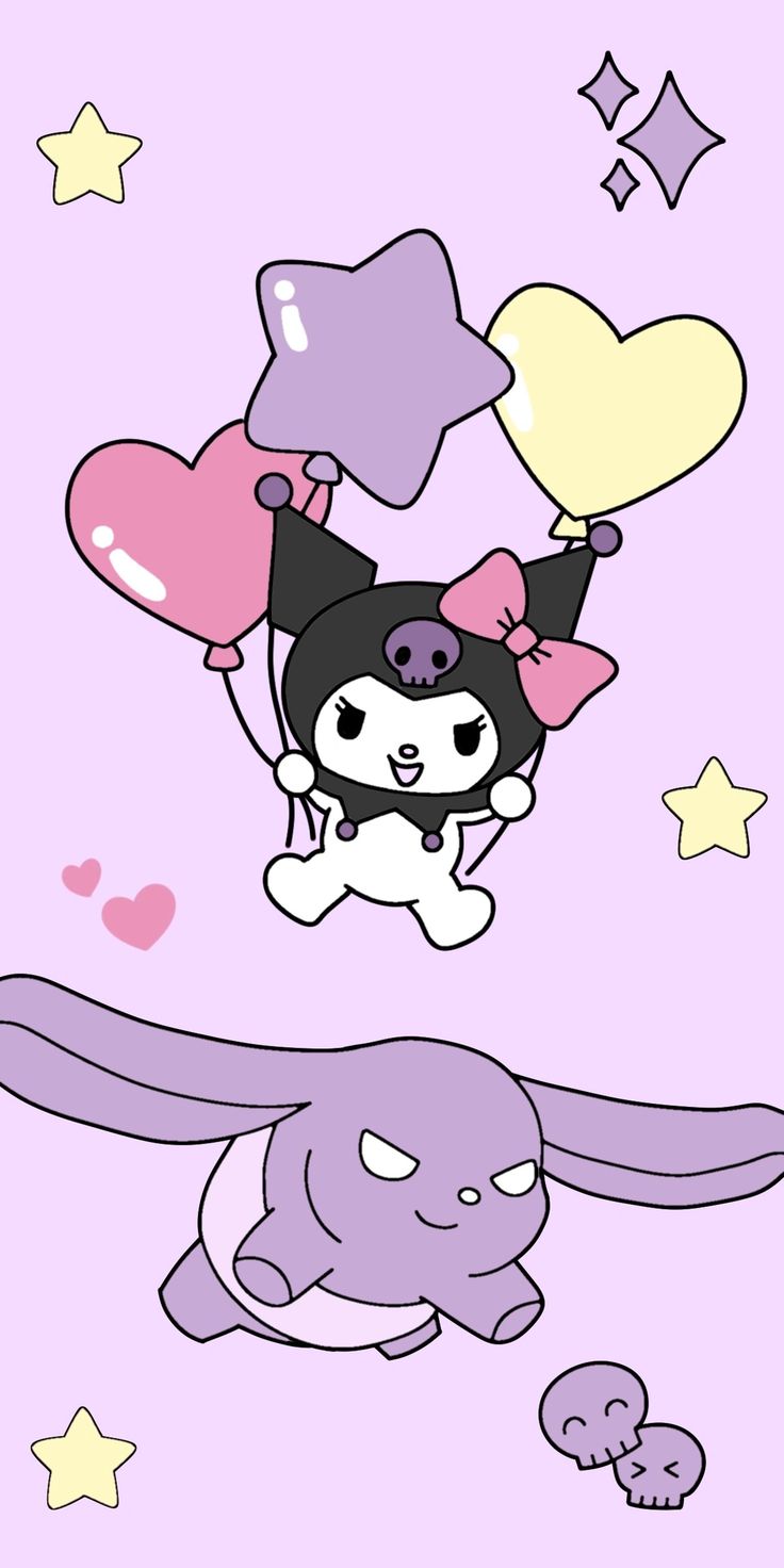 an animal flying through the air with balloons in it's mouth and hearts on its back