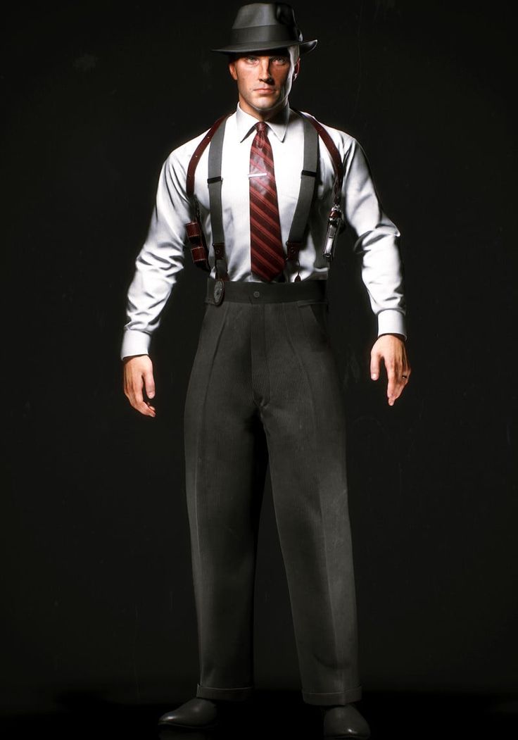 a man wearing a tie and suspenders is standing in the dark with his hands on his hips