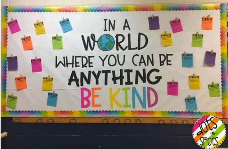 a bulletin board that says in a world where you can be anything, be kind