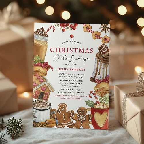 a christmas cookie exchange party is set up on a table with presents and lights in the background