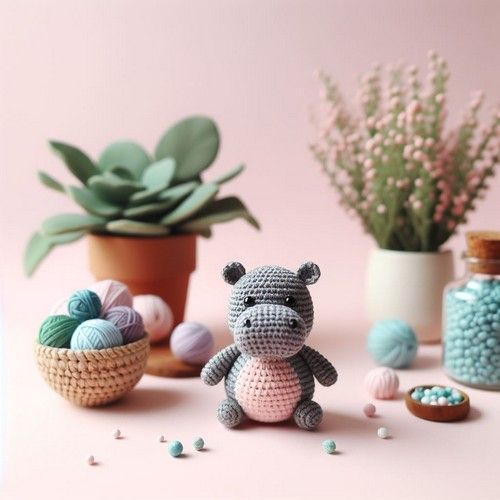 small crocheted animals sitting next to plants and balls of yarn on a pink surface