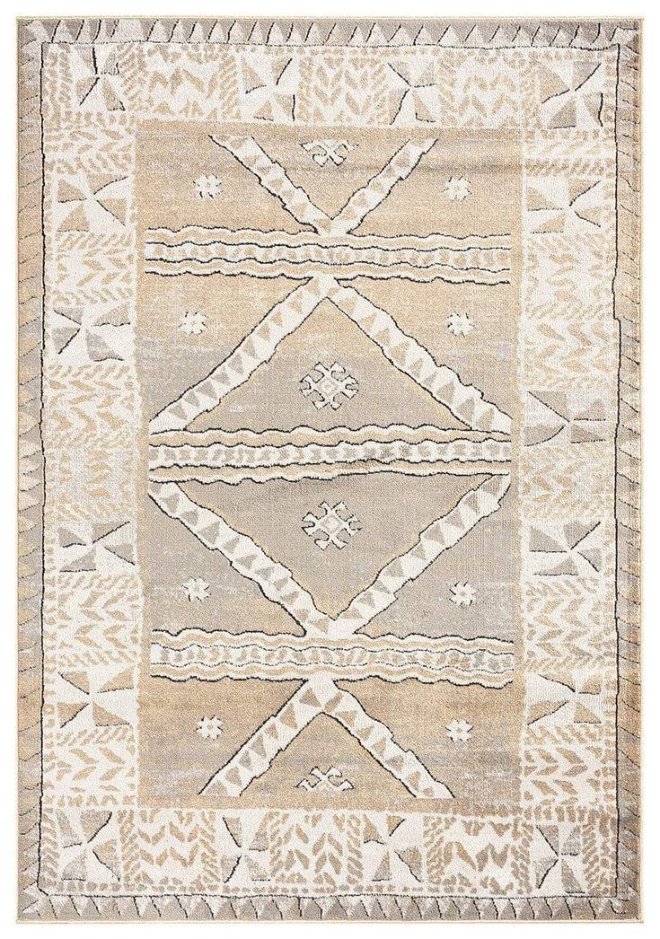 a beige and white rug with an intricate design on the front, in different colors