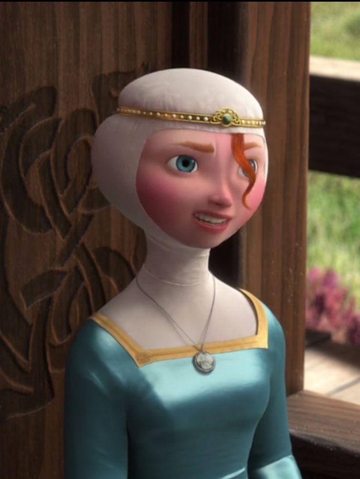 an animated woman with blue eyes and white hair wearing a tiara, standing in front of a wooden wall