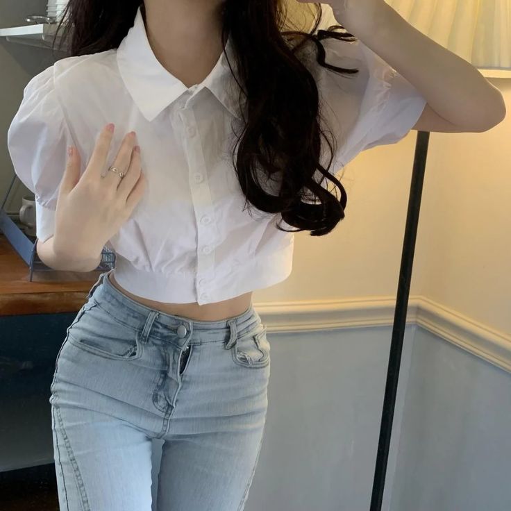 Summer Fashion Women Shirt Top Student, Puff Sleeves Blouse, Polo Blouse, Short Design, Puff Sleeve Crop Top, Sleeves Blouse, Travel Shopping, Niche Design, Spring Shirts