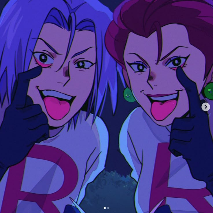 two women with purple hair and green eyes are making the peace sign in front of them