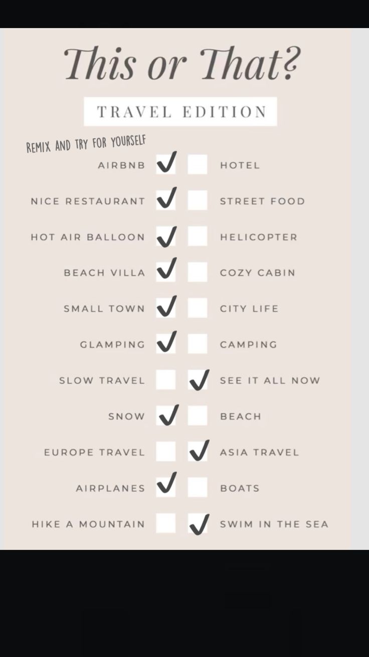 the travel checklist is shown in black and white, with an arrow pointing to different destinations