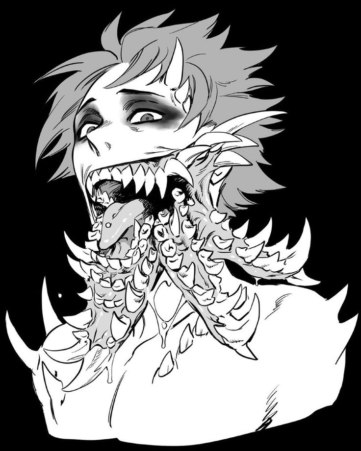 a drawing of a demon with his mouth open and fangs out, in black and white