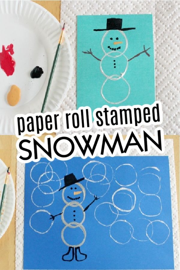 paper roll stamped snowman craft for kids to make with their own hands and feet