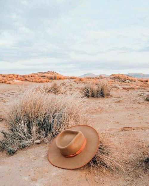 a hat sitting on top of a dry grass covered desert field with mountains in the background