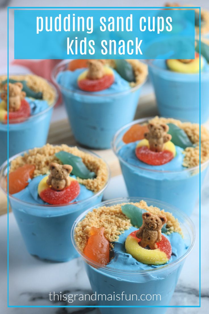 pudding sand cups filled with fruit and topped with a teddy bear in the middle for kids snack