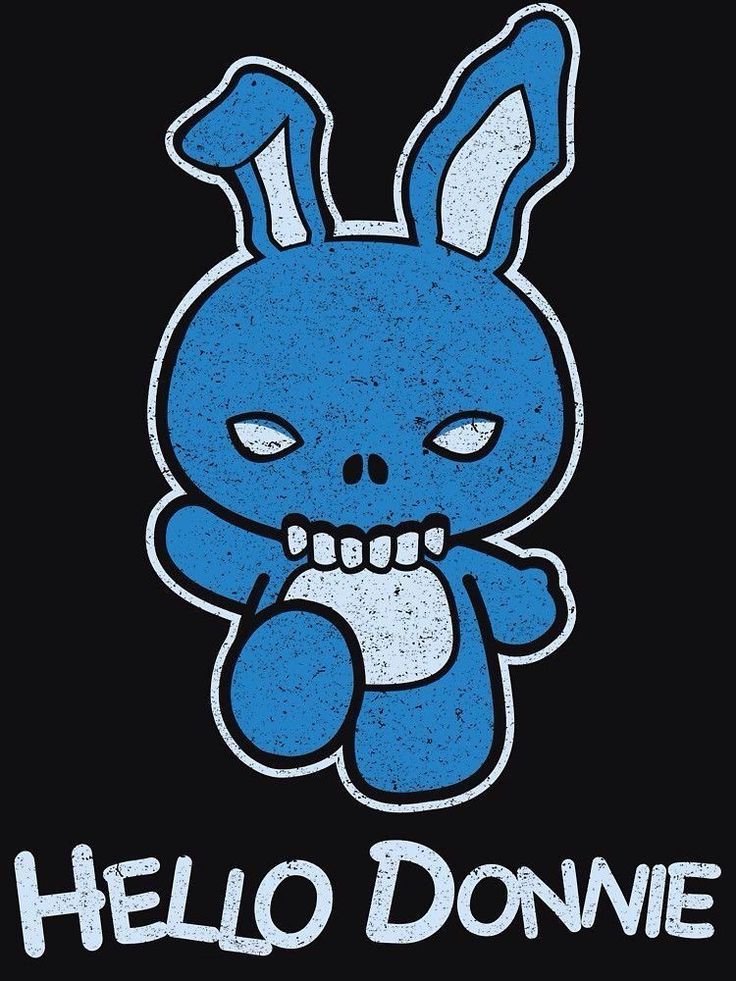 an image of a blue bunny with the words hello donnie on it's chest