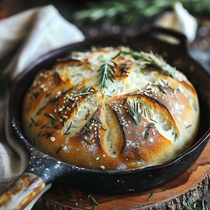 a loaf of bread in a cast iron skillet with rosemary sprigs on top