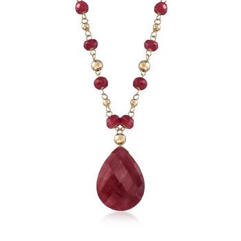 Ross-Simons - 10.00 Carat Ruby Station Necklace in 14kt Yellow Gold. 18". Rich, red rubies are enhanced with the glow of 14kt yellow gold. A 10.00 carat pear-shaped ruby dangles from a lovely necklace stationed with 3-4mm faceted ruby beads and 3mm gold beads. Wear this treasure anytime you want to stand out! Springring clasp, ruby necklace. Ruby birthstones are the perfect gift for July birthdays. Necklace Ruby, Phoenix Pendant, Pearl Drop Necklace, Ruby Birthstone, Glass Drop Earrings, Opal Pendant Necklace, Ruby Beads, Drop Pendant Necklace, Ruby Necklace