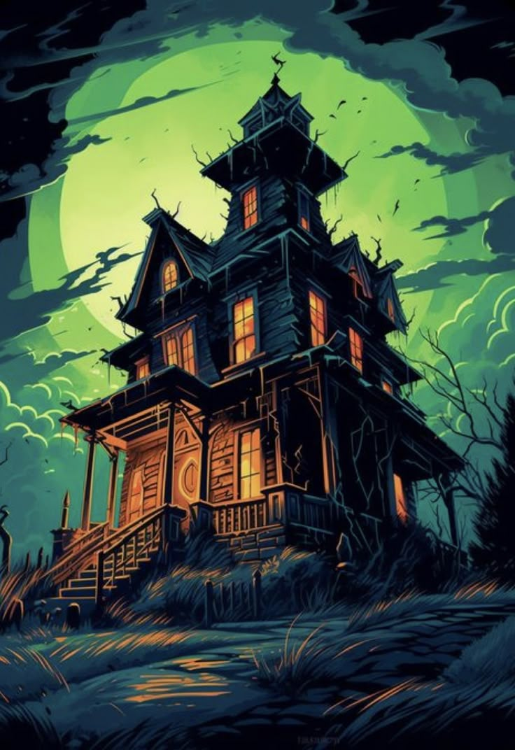 a creepy house with spooky clouds and bats in the sky, under a full moon