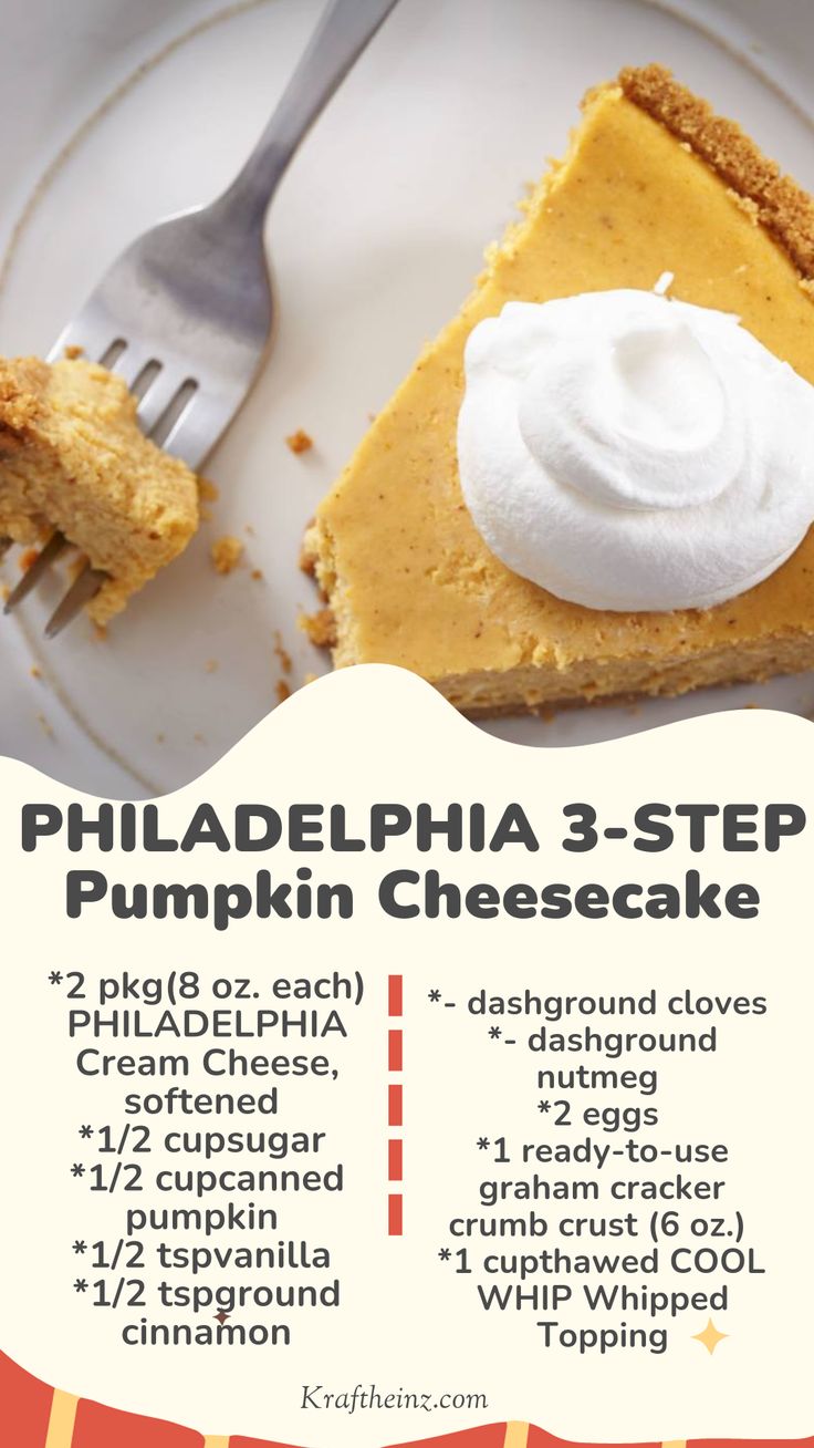 Image of a PHILADELPHIA 3-STEP Pumpkin Cheesecake with COOL WHIP topping, freshly baked and set in a graham cracker crumb crust, ready to be served, displayed on a dessert plate. Philadelphia Pumpkin Cheesecake, Easy Cheesecake Recipes Philadelphia, Double Layer Pumpkin Cheesecake, Cheesecake Recipes Philadelphia, Philadelphia Cheesecake, Pumpkin Spice Cream, Crumb Crust, Philadelphia Cream Cheese, Holiday Eating