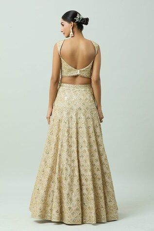 Beige can can attached bridal lehenga featuring thread embroidered geometric motifs embellished by gota. Comes with sequin embellished padded blouse and dupatta. - Aza Fashions Wedding Dress With Motifs And Floor-length, Fitted Sleeveless Sharara For Wedding, Fitted Sleeveless Wedding Sets, Sleeveless Lehenga With Cutdana For Wedding, Sleeveless Cutdana Lehenga For Wedding, Fitted Sleeveless Choli For Wedding, Sleeveless Fitted Wedding Choli, Fitted Sleeveless Wedding Choli, Fitted Wedding Dress With Motifs