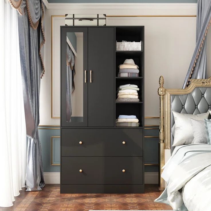 a bedroom scene with focus on the armoire and linens in the bedding