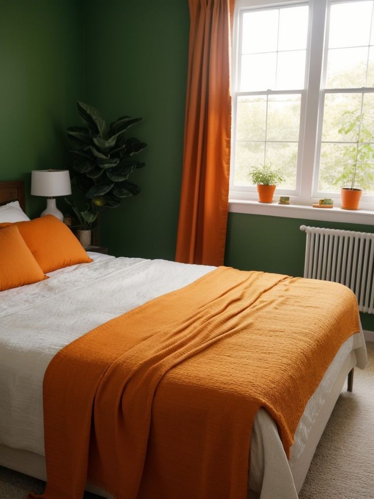 an orange and white bed in a green room with a window, potted plant and radiator