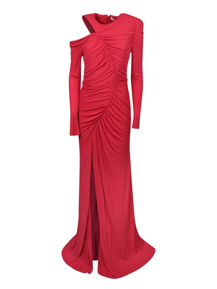 100% Viscose 75% Polyamide, 25% Elastane Alexander Mcqueen Dresses, Long Red Dress, Red Dress Maxi, Designer Drapes, Clothing Inspiration, Ruched Dress, Asymmetrical Hem, Women Collection, Dress To Impress