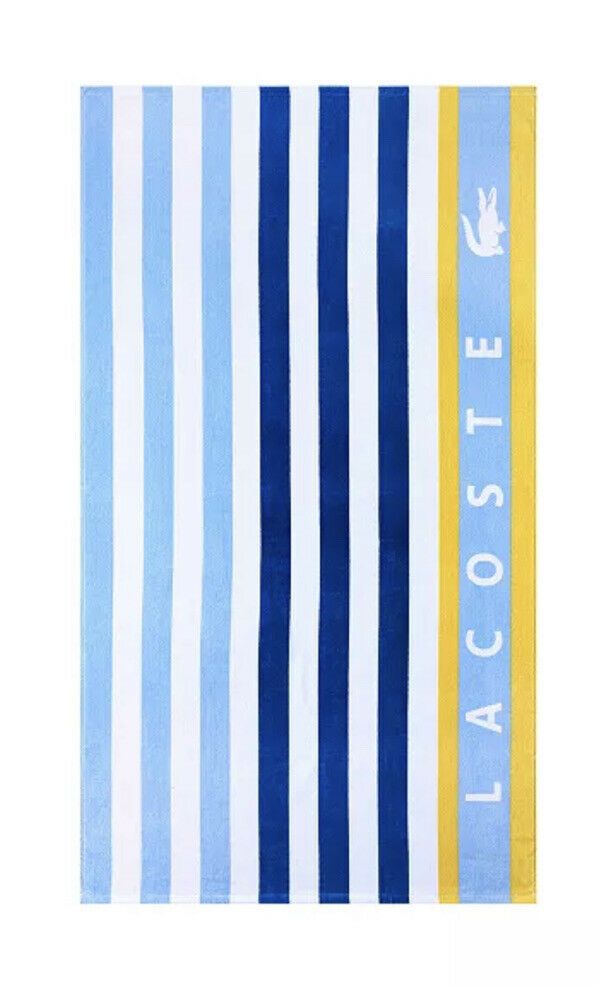 a blue and yellow striped towel with the words lacco sie on it's side