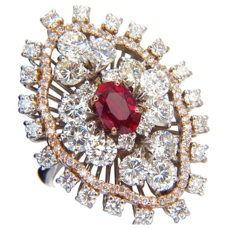 .88ct. Natural GIA "No Heat" Ruby Diamonds ring. Ruby No Heat Classic Victorian Cluster Deco Class. Ruby, Clean Clarity Supreme Vivid red color. Brilliant sparkles from all angles Pristine Transperency GIA Certified #2155269111 (Report Attached) 5.13ct side diamonds Vs-2 Si-1 Clarity, G-color Round Brilliants full cuts. 18kt. white gold 13.2 grams. Deck of ring: 1.22 X .90 Inch. depth of ring: .237 inch current ring size: 7.75 can be resized please inquire $25,000 appraisal certificate & GIA will accompany. Antique Ruby Ring, Ruby Jewellery, Blue Diamond Ring, Ring Ruby, Yellow Diamond Rings, Ruby Diamond Rings, Diamonds Ring, Ring Ideas, Yellow Gold Setting