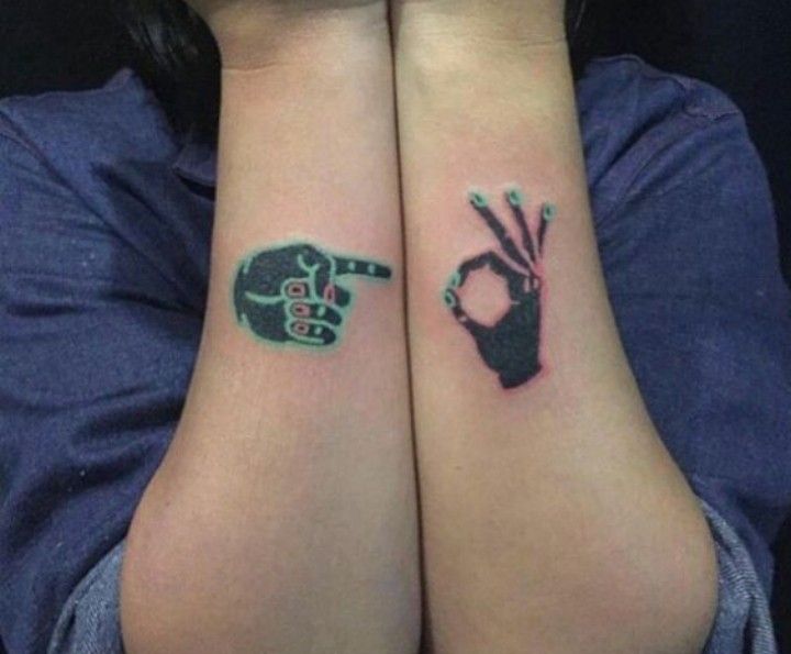 two people with matching tattoos on their arms