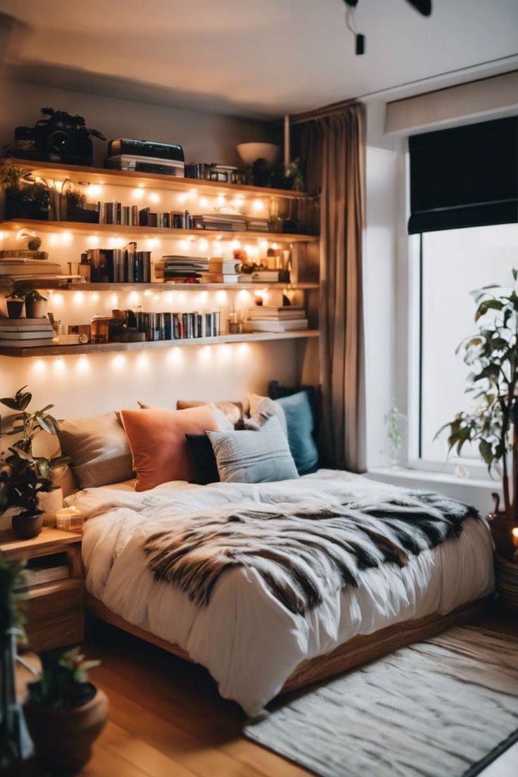 a bed sitting next to a window with lots of books on the shelves above it