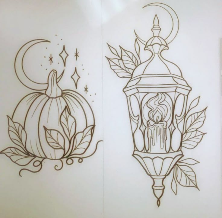 two drawings of pumpkins and a lantern with leaves on the sides, one is drawn in black ink