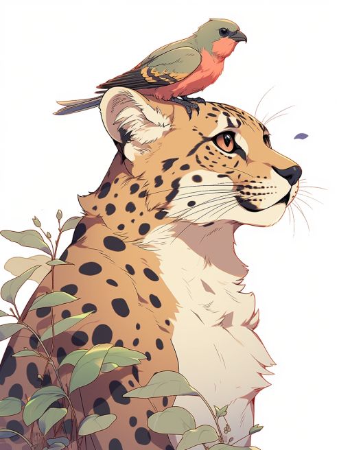 a bird sitting on the back of a cheetah