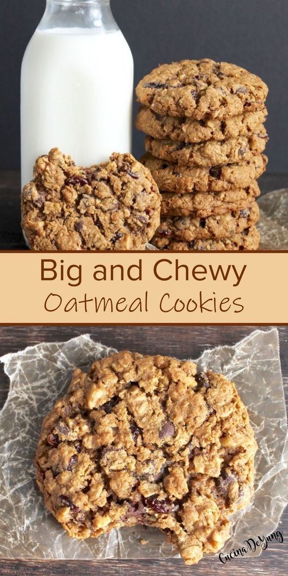 two cookies and a glass of milk on a wooden table with text that reads, big and chewy oatmeal cookies