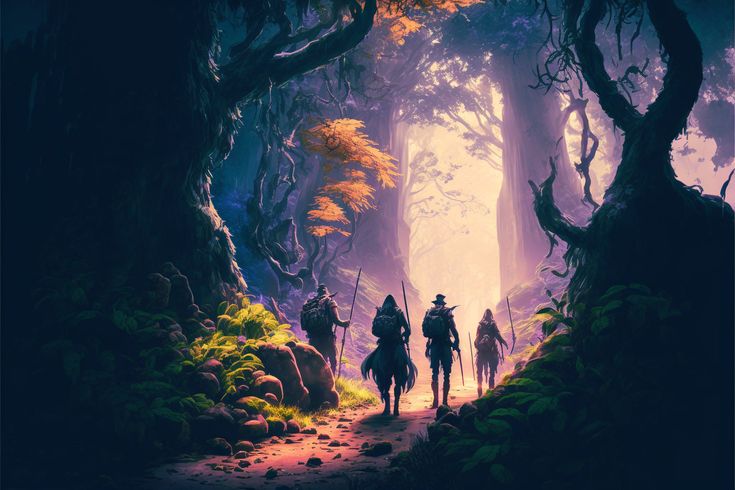 three people riding horses through a forest with tall trees and bright light coming from behind them