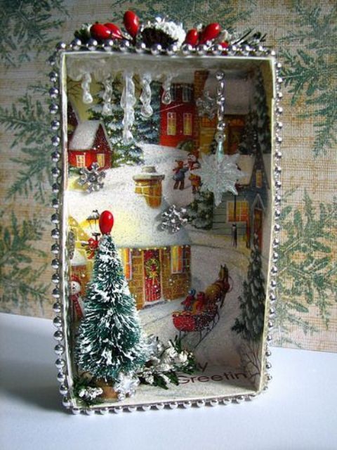 a christmas scene is shown in an old frame with ornaments on the top and bottom