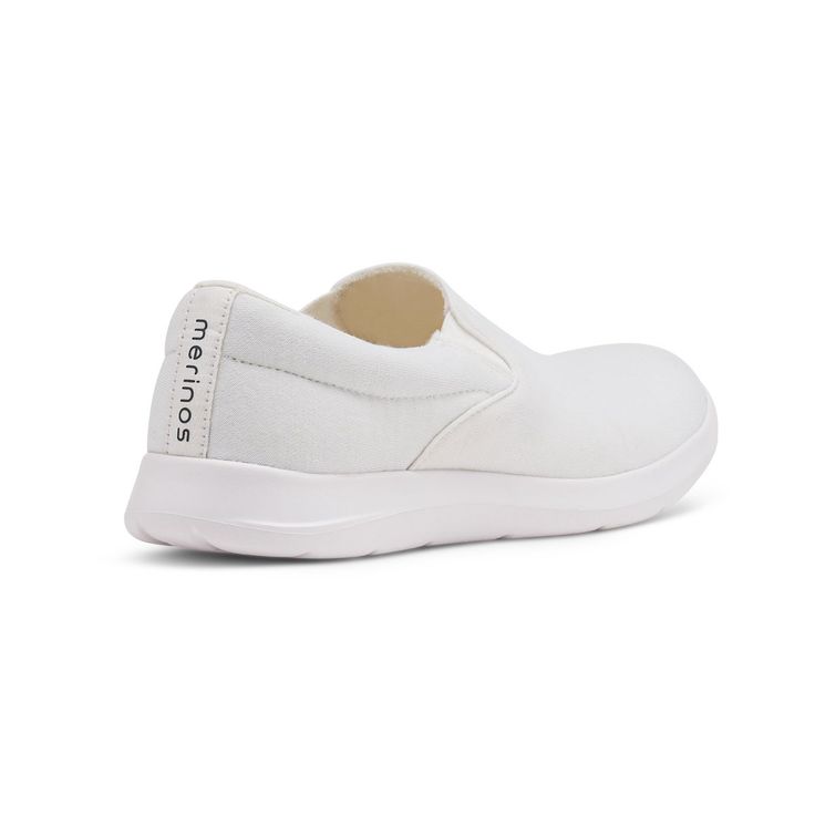 Women's Slip-Ons White – Merinos Comfortable White Slip-ons With Cushioned Footbed, White Breathable Slip-ons With Round Toe, Lightweight White Walking Shoes With Round Toe, White Comfortable Slip-ons With Removable Insole, Breathable White Slip-ons, Everyday White Walking Shoes With Rubber Sole, Comfortable White Textile Slip-ons, White Walking Shoes With Rubber Sole For Everyday Use, White Synthetic Slip-on Sneakers With Arch Support