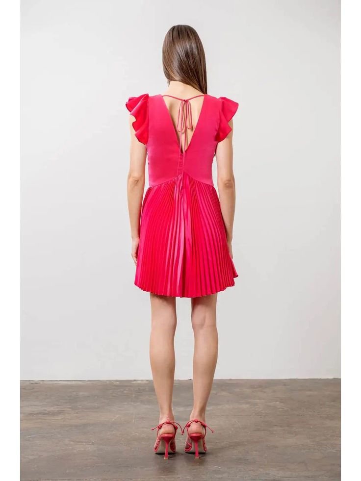 designer look for less! pleated mini dress featuring ruffle sleeve details & tie- back closure color: pink lined invisble zip closure model 5'6 wearing size xs Moon River, Pleated Mini Dress, Sleeve Detail, Dresses Xs, Set Dress, Jumpsuit Romper, Hot Pink, Dress Up, Rompers