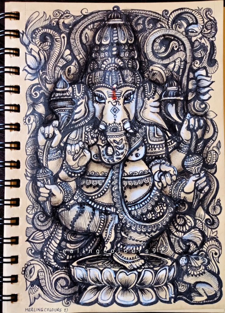 an intricately designed drawing of the god ganesha in black and white ink