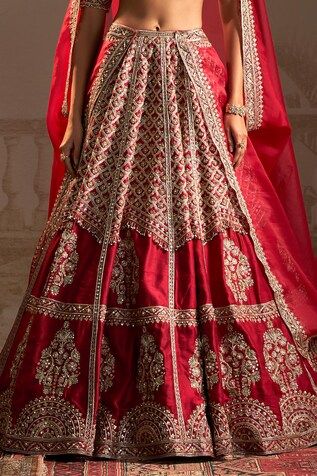 Red can can attached lehenga featuring zardozi embroidered tree, persian floral jaal motifs highlighted by sequins and pearls. Comes with matching embroidered padded blouse and dupatta. - Aza Fashions Embroidered Tree, Ridhi Mehra, Red Can, Padded Blouse, Bridal Lehengas, Can Can, Bridal Lehenga, Aza Fashion, Half Sleeves