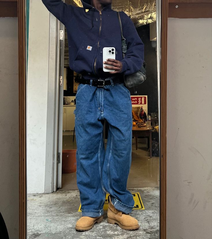 How To Style Dark Denim Jeans, Blue Collar Worker Outfit Men, Blue Carhartt Pants Outfit, Navy Carhartt Jacket Outfit, Carhartt Jean Jacket, Outfit With Carhartt Jacket, Blue Carpenter Pants Outfit, Streetwear Denim Jacket, Blue Carhartt Jacket Outfit