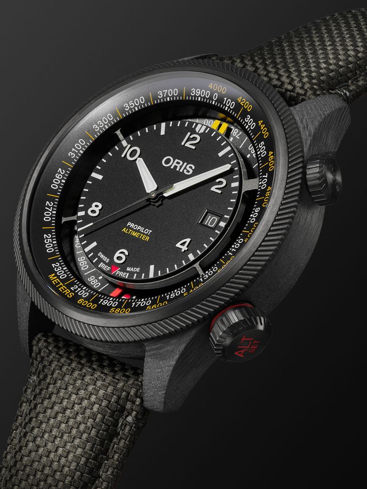 Shop ORIS ProPilot Altimeter Automatic 47mm PVD-Plated Titanium, Carbon Fibre and Canvas Watch, Ref. No. 01 793 7775 8764-SetBlack, Explore the latest in-season ORIS collection today on MR PORTER Oris Propilot, Weird Watches, Weird Watch, Oris Watches, Titanium Watches, Men's Watches Luxury, Altimeter, Watch Holder, Aviator Watch