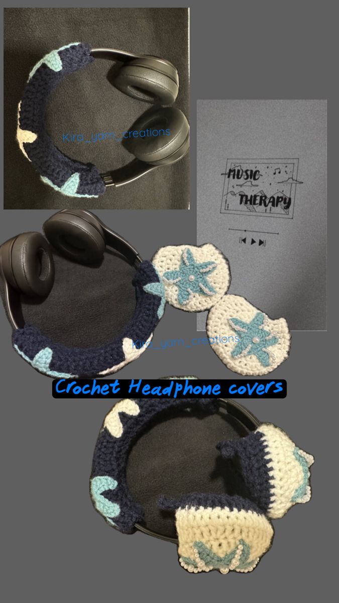 crochet headphone covers are shown in three different pictures, one is blue and the other is white