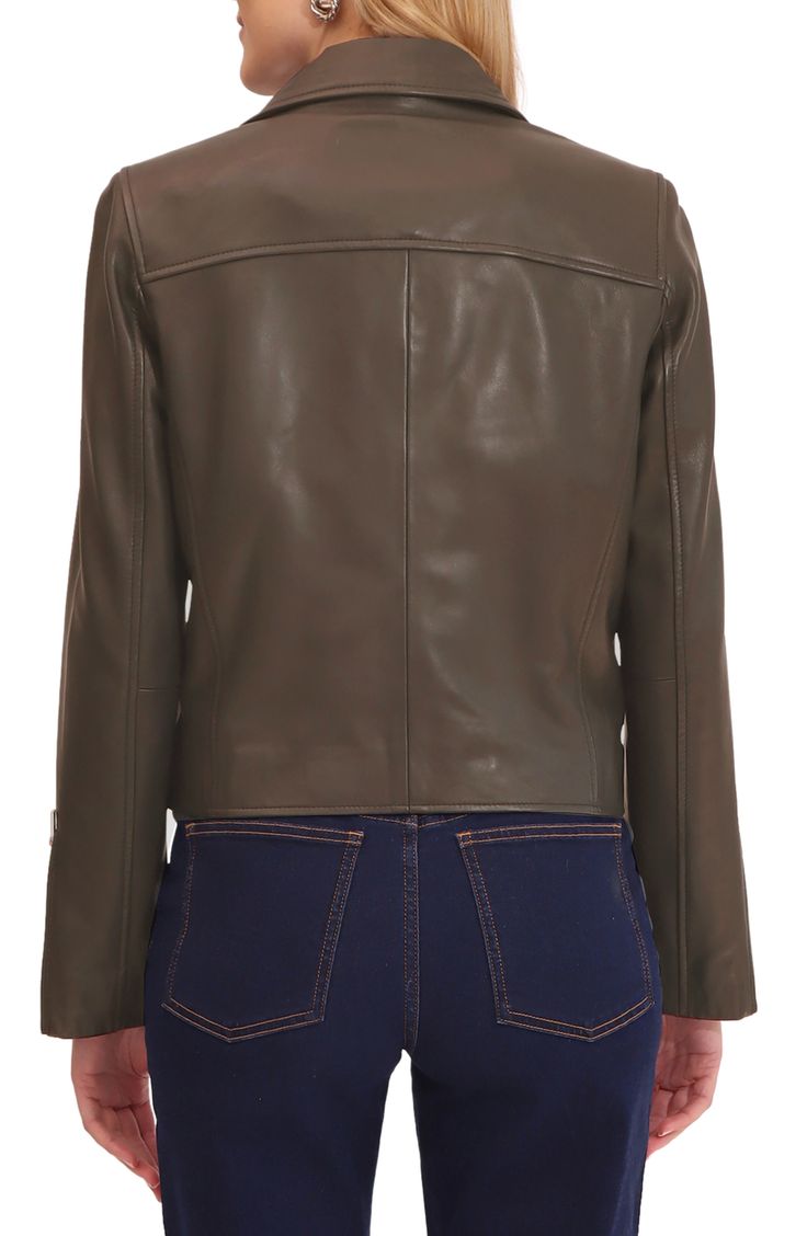 Golden hardware elevates this timeless cropped jacket crafted from luxe leather. Front zip closure Notched lapels Zip cuffs Chest zip pocket; front-zip slant pockets Lined 100% leather Professional leather clean Imported Spring Leather Jacket With Zip Cuffs For Work, Fall Cropped Leather Biker Jacket, Cropped Leather Biker Jacket With Zipper, Leather Cropped Biker Jacket For Fall, Cropped Leather Biker Jacket For Fall, Fall Leather Jacket With Zip Cuffs For Work, Brown Leather Jacket With Zip Cuffs For Work, Leather Jacket With Zip Cuffs For Work In Fall, Fall Workwear Leather Jacket With Zip Cuffs