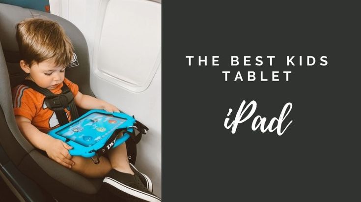 a young boy sitting in an airplane seat holding a blue case with the words, the best kids'tablet ipad