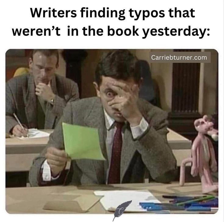 a man sitting at a desk in front of a green piece of paper with the caption, writer finding types that weren't in the book yesterday