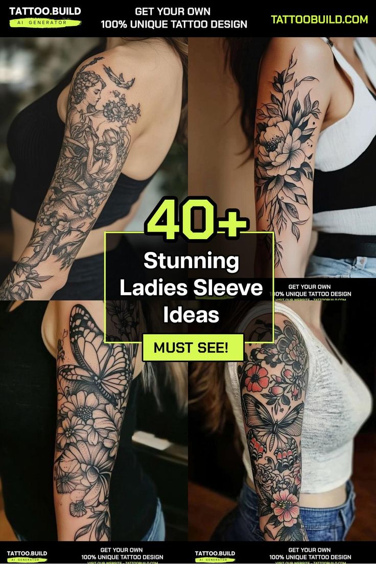 Unique Ladies Sleeve Tattoo Ideas for a Stylish and Stunning Look Building A Sleeve Tattoo Woman, Woman’s Arm Sleeve Tattoo, Women’s Sleeve, Ladies Sleeve Tattoo, Unique Half Sleeve Tattoos For Women Lower Arm, Women’s Half Sleeve Tattoo Ideas, Ladies Sleeve Tattoo Ideas, Feminine Half Sleeve Tattoo, Womens Sleeve Tattoo Ideas