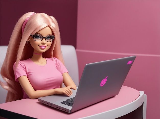 a barbie doll sitting in front of a laptop computer