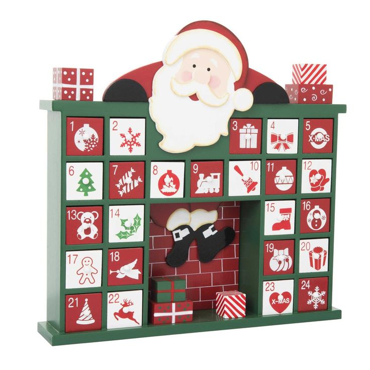 a wooden christmas calendar with santa claus on it