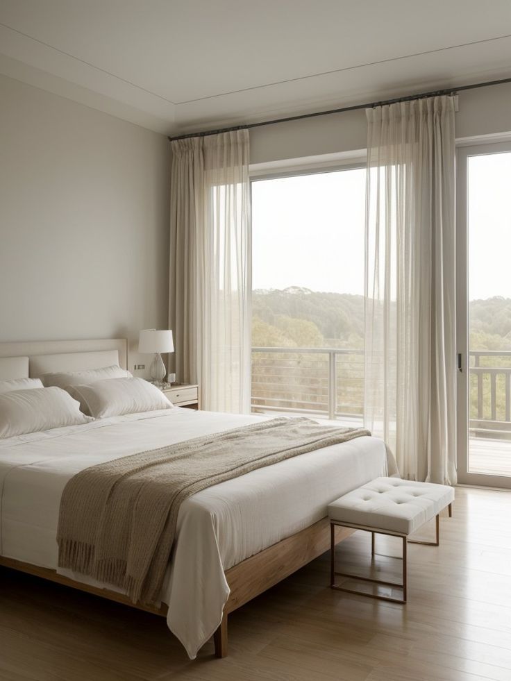 a large bed sitting in a bedroom next to a window with curtains on both sides