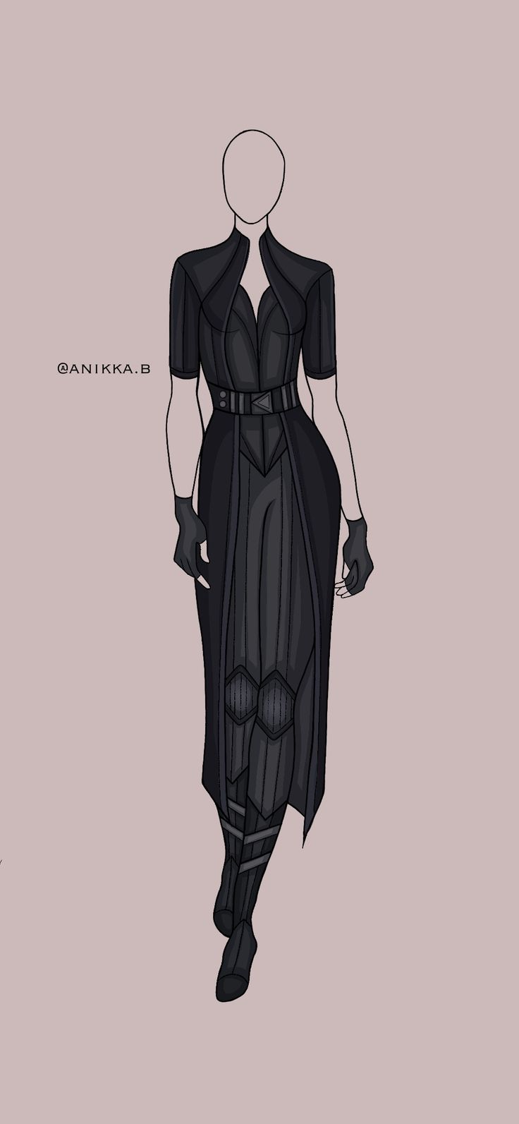 a drawing of a woman's black dress with long sleeves and belted waist